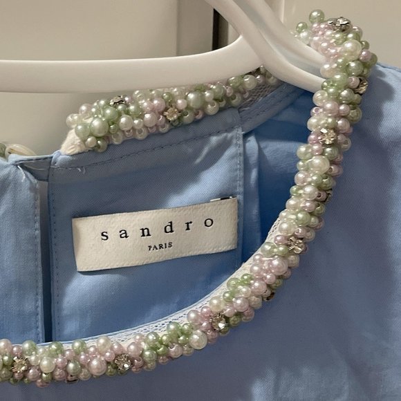 Sandro Top With Beaded Jewelled Collar Sky Blue - Picture 5 of 9